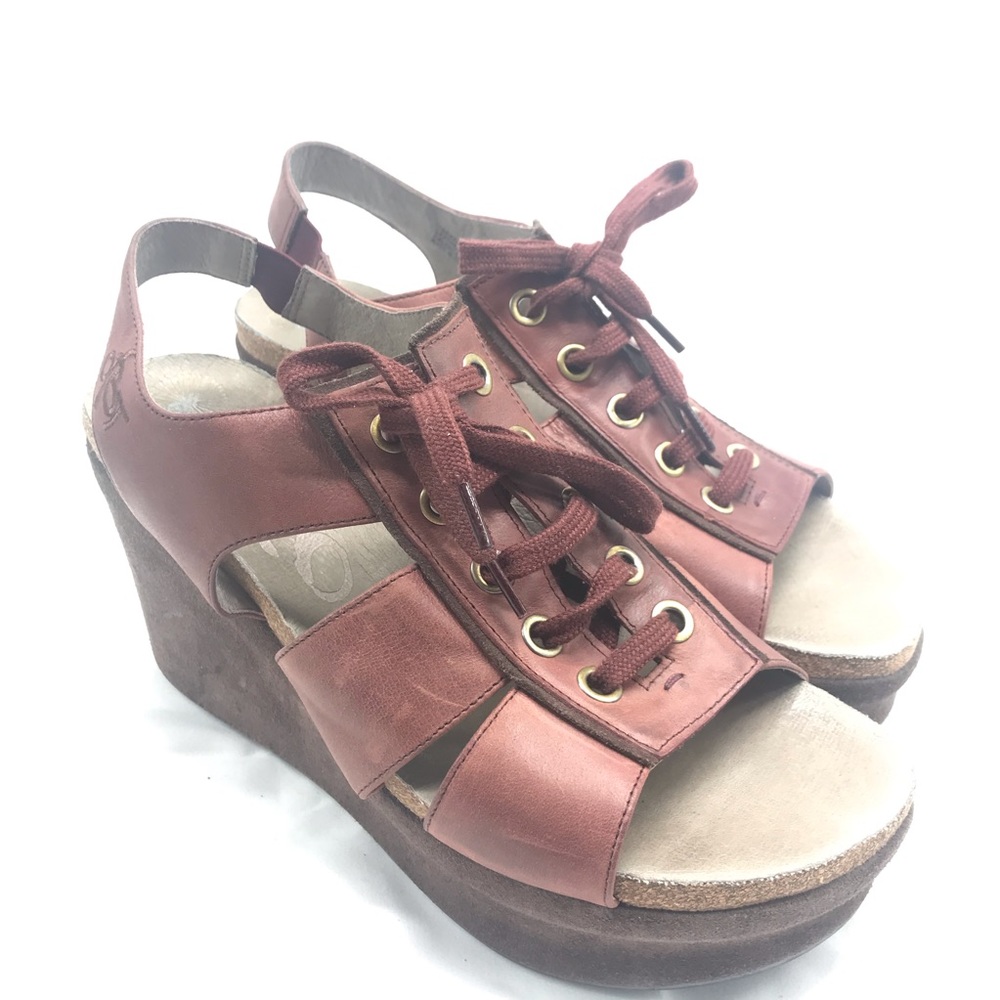 otbt Eagle Pass size 9.5 Trenton lace up wedge sandal maroon hippie boho